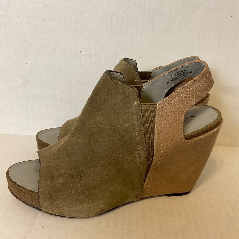 Naked Feet Platform Shoes 9M Beige Taupe Slingback Peep Toe Leather Suede